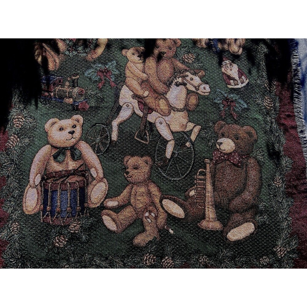 Vintage 1990s Woven Teddy Bear Throw Blanket Jacquard Fringe 52x57 Cottage Core